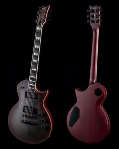 two guitars are shown side by side on a black background, one is red and the other is black