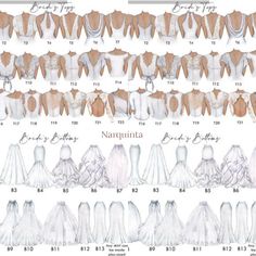 the different types of wedding gowns are shown in this chart, and each has their own size