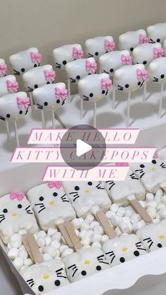 hello kitty cake pops with pink bows are on display in a white box and the words make it to kittypops with love