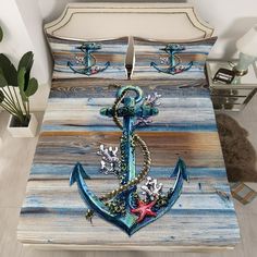 a bed with an anchor painted on it