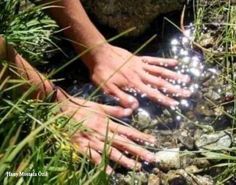 someone is washing their hands in the water near some rocks and green grass, while another person holds out their hand