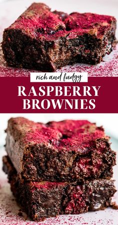 chocolate raspberry brownies stacked on top of each other