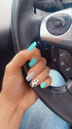 Cute Cowgirl Nail Ideas, Cow Acrylic Nails Short, Country Nail Ideas Acrylic, Country Theme Acrylic Nails, Short Acrylic Nails Designs January, Dip Powder Nails Country, Cute Cowprint Nail Designs, Cute Summer Country Nails, Turquoise Nails With Cow Print