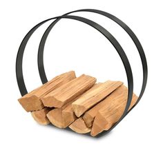 several pieces of wood are stacked in a circular holder with black metal straps on an isolated white background