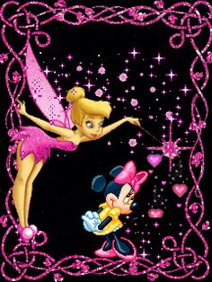 the disney mouse and minnie mouse are dancing together in front of a black background with pink hearts