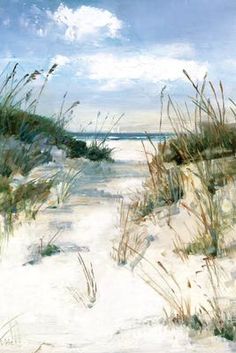 a painting of sand dunes and grass on the beach with water in the background canvas art print