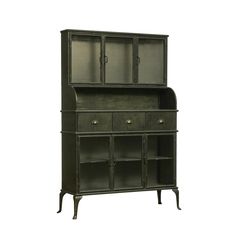 an old fashioned black cabinet with glass doors