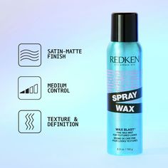 Redken's Spray Wax Invisible Texture Mist is a medium control wax aerosol hairspray that delivers a tousled look with a satin-matte finish. Formulated with glycerin and Vitamin E, this texturizing wax spray features a Micro-Wax complex, which deposits a unique combination of fixing polymers and emollients, for instant texturized looks that add volume, body, and dimension. BENEFITS • Low to medium hold control • Instant undone texture • Adds body and dimension with a satin-matte finish • Lifts ha Porous Hair, Volumizing Spray, Hair Dryness, Hair Oil Serum, Finishing Spray, Spray Foam, Texturizing Spray, Hair Help, Purple Shampoo