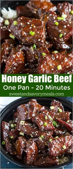 honey garlic beef in a pan with text overlay that reads honey garlic beef one pan - 20 minutes