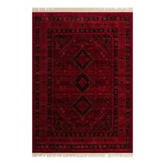 a red rug with an intricate design on the front and back end, in different colors