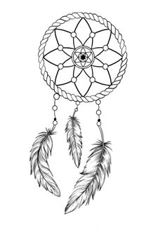 a drawing of a dream catcher with feathers