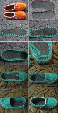 the steps to crochet a pair of slippers are shown in different ways