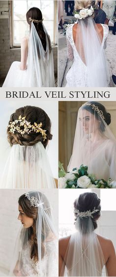 bridal veil styles for the bride with flowers in their hair and veil on her head