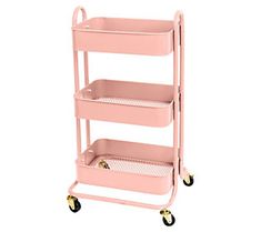 a pink trolley with three shelves and wheels on the bottom shelf is shown in front of a white background