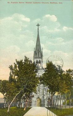 an old photo of a church with a clock tower