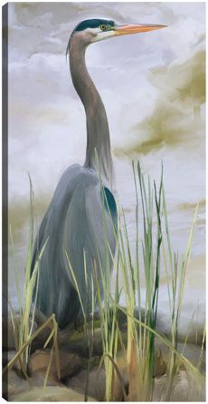 a painting of a blue heron standing in the water with grass and rocks around it