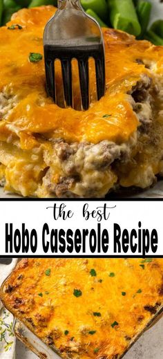 the best hobo casserole recipe with cheese on top and green peppers in the background