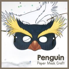 a penguin mask with yellow feathers on it's head and the words penguin paper mask craft