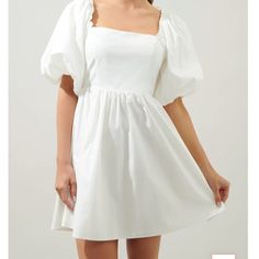 White Puff Sleeve Dress With Tie Up Bow In The Back In Size Sbrand New Never Worn Casual White Puff Sleeve Dress With Balloon Sleeves, White Casual Puff Sleeve Dress, White Dress Puffy Sleeves, White Dress Puffy, Dresses With Puffy Sleeves, White Puff Sleeve Dress, Poofy Sleeves, White Babydoll Dress, Dress With Puffy Sleeves