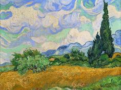 a painting of a wheatfield with trees and clouds in the background