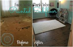 before and after photos of a painted wood floor in a living room with white rugs