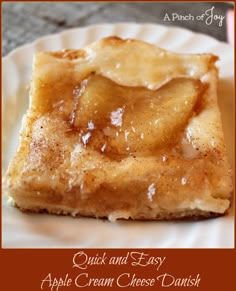 a piece of apple cream cheese danish on a white plate with text overlay that reads quick and easy apple cream cheese danish