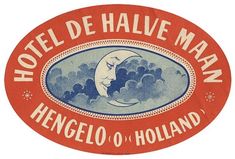 a red and blue sticker with the words hotel de halve maan