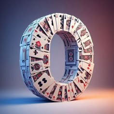 the letter o made up of playing cards is shown in front of a gray background