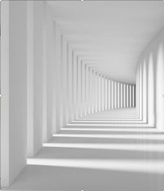 an empty hallway with white walls and long columns on either side, in black and white