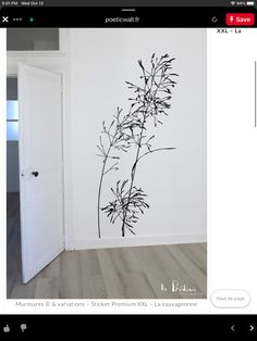 a black and white photo of a plant on the wall next to an open door