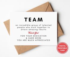 a thank card with the words team on it