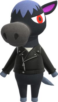 a cartoon animal wearing a black jacket and red eyeliners, standing in front of a white background