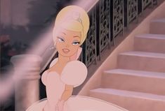 an animated image of a woman in a pink dress standing on stairs with her hand under her chin