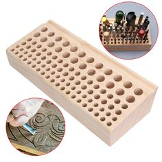 a wooden peg board with holes in the middle and several different tools on it's side