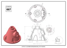 an image of a red object with blueprints on the side and drawing instructions for it