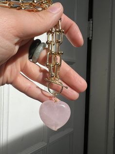 Big chunky thick chain and a toggle clasp with a rose quartz heart. The chain is plated brass and the toggle and jump rings are gold vermeil. The chain measures 16 inches. Rose Quartz Heart, Quartz Rose, Denver Co, Toggle Clasp, A Rose, Jump Rings, Gold Vermeil, Crystal Necklace, Favorite Jewelry