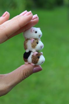 a hand holding three tiny stuffed animals in it's palm, with grass in the background