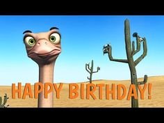 an ostrich is standing in front of a cactus tree with the words happy birthday