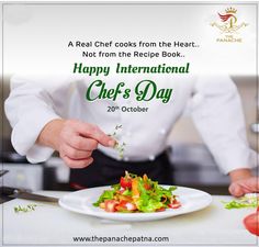 a chef is preparing a salad on a plate with the words happy international chef's day