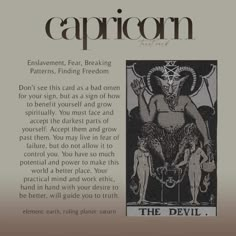 the devil tarot card from capricon, which is written in black and white