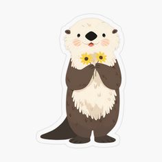 an otter with flowers in its mouth sticker