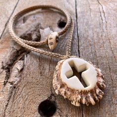 a piece of wood that has some kind of shell on it, sitting on a wooden surface