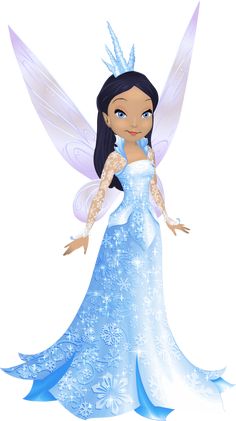 a cartoon fairy with blue dress and wings