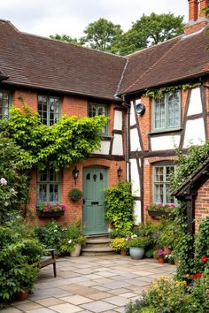 Brick house with climbing ivy and a green door. Explore the quirky charm, secret staircases, and unintentional labyrinths of British country houses, where historical oddities meet modern mishaps in the most delightful way.