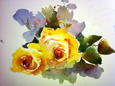 watercolor painting of yellow roses with green leaves