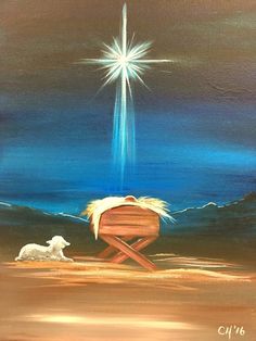 an acrylic painting of a manger scene with a dog sitting in a chair