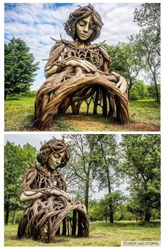 two different views of a sculpture made out of tree trunks and branches, one with a woman's head in the center