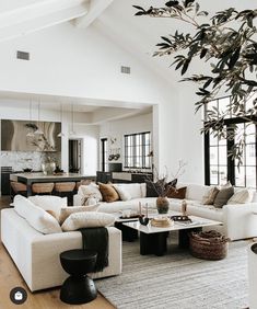 a living room filled with furniture and a large tree in the middle of the room