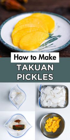 How to make takuan pickles: steps include salting daikon, seasoning, and storing until yellow. Yellow Pickled Radish, Pickled Daikon Recipe, Daikon Recipe, Homemade Sushi Rolls, Diy Spice Mix, Japanese Pickles, Sushi Roll Recipes, Daikon Radish