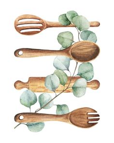 three wooden utensils with green leaves and spoons on them are shown in this watercolor painting